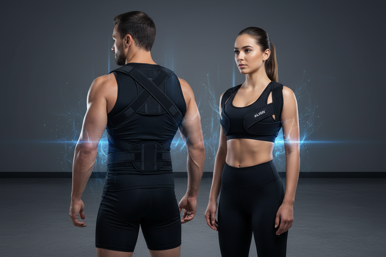 Hero banner with man and woman wearing black posture correctors